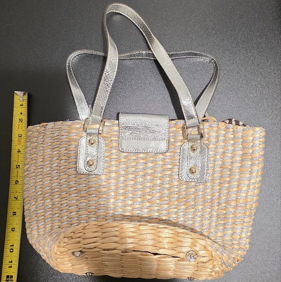 Guess Metallic Straw Tote Bag with Silver Faux Leather Trim & Scarf | Y2K - Picture 6 of 13